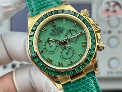 Rolex Daytona Green Face Yellow Gold Case Diamond Bezel 4801/4130 Movement Leather Band Watch